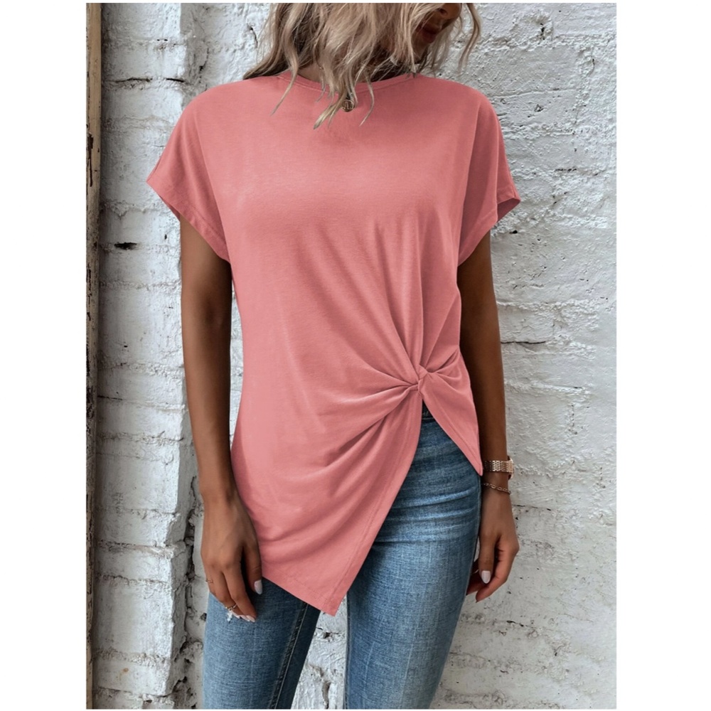 Twist Detail Pink Tee Shirt Short Sleeve Round Neck - Picture 3 of 12